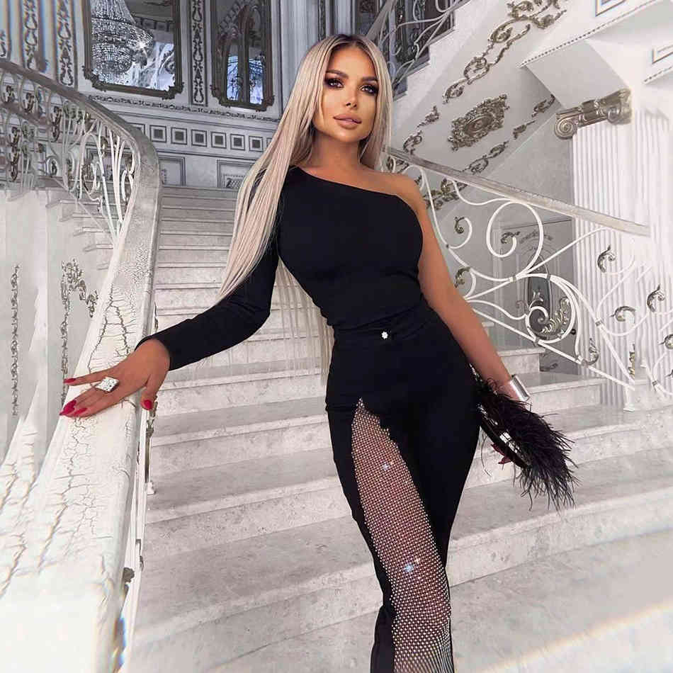 Black Women's One Shoulder Long Sleeve Bandage Jumpsuit Diamond Sexy Hollow Skinny Celebrity Party Vestidos 210525