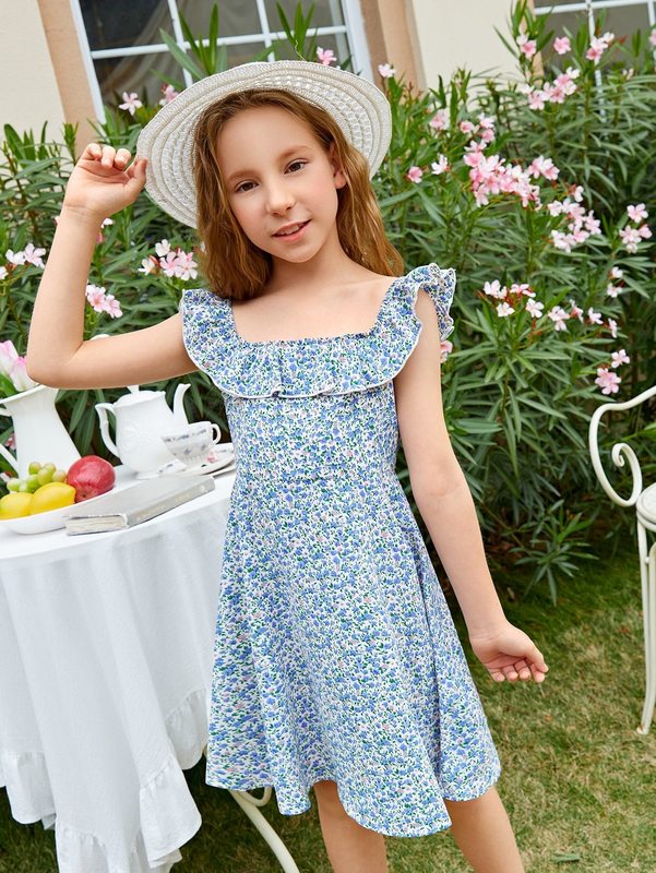 Girls Ditsy Floral Print Ruffle Trim Dress SHE01