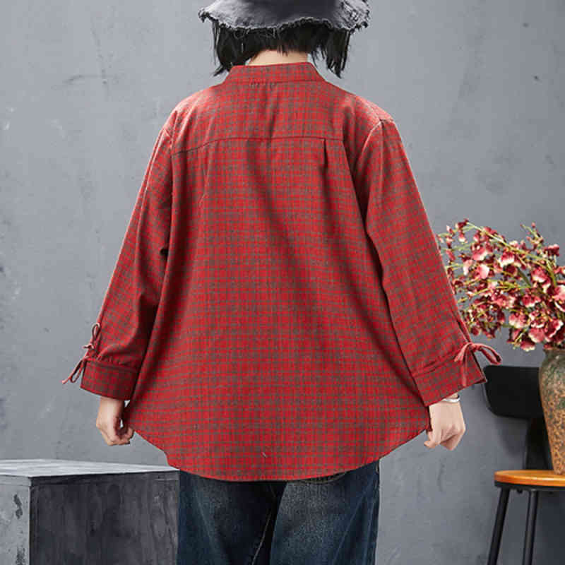 Spring Arts Style Women Long Sleeve Stand Collar Vintage Plaid Shirts Coat All-matched Casual Loose Blouse Female Tops S470 210512