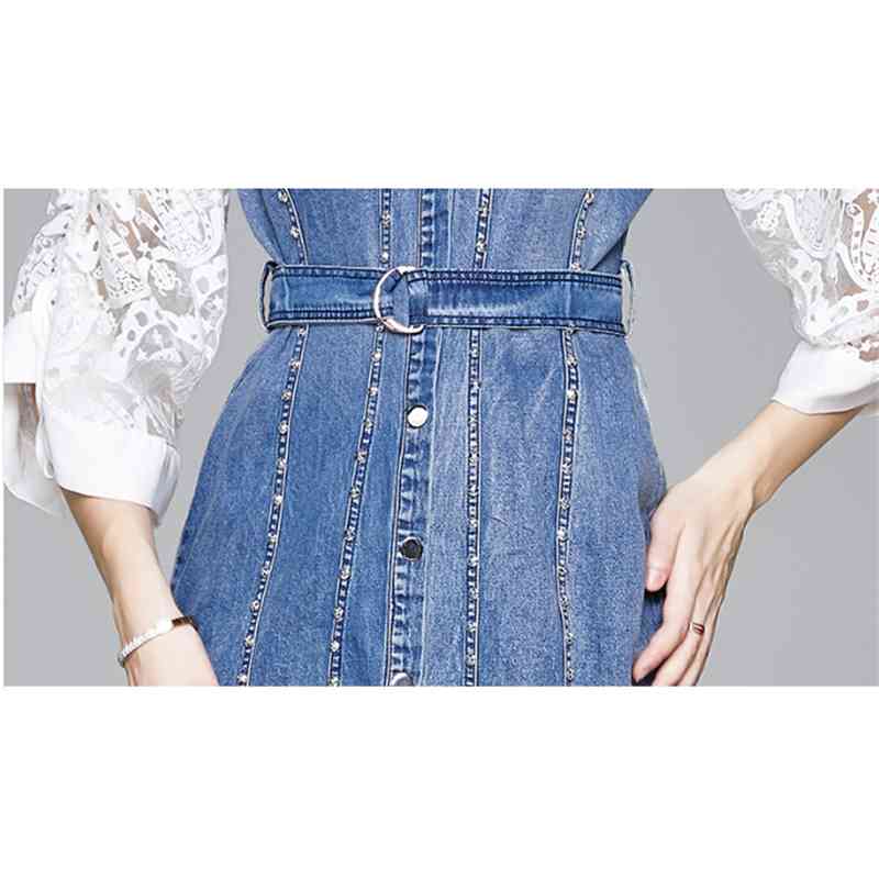 High-End Sexy Strapless Denim Dresses Women Fashion Flare Sleeve Patchwork Single-Breasted Beading Vestido Da Festa 210520