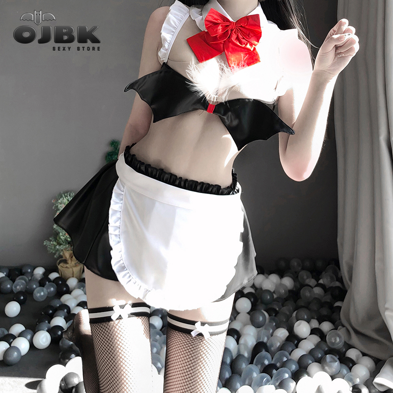 Sexy French Apron Maid Cosplay Costumes With Bow knot Collar Backless Little Devil Bat Bra Pu Skirt Erotic Outfit For Women 0670, Red
Sexy French Apron Maid Cosplay Costumes With Bow knot Collar Backless Little Devil Bat Bra Pu Skirt Erotic Outfit For Women 0670, Red