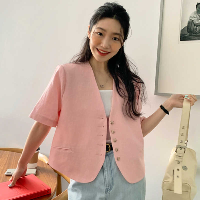 Korejpaa Women Shirt Summer Korean Chic Retro Temperament V-Neck Single-Breasted Loose Versatile Short-Sleeved Blouses 210526
