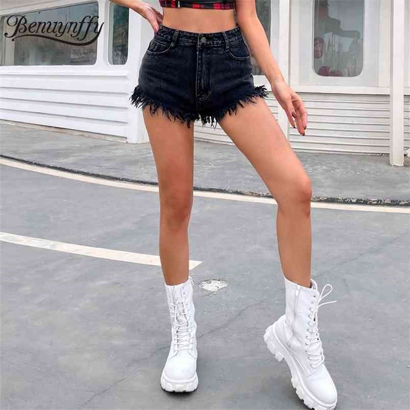 Black Raw Hem Straight Leg Denim Shorts Women Fashion Summer Washed Casual Button Fly Jeans Female 210510