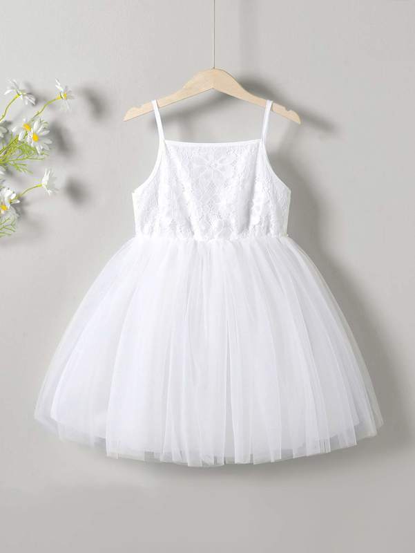 Toddler Girls Contrast Lace Pearl Beaded Mesh Cami Dress SHE