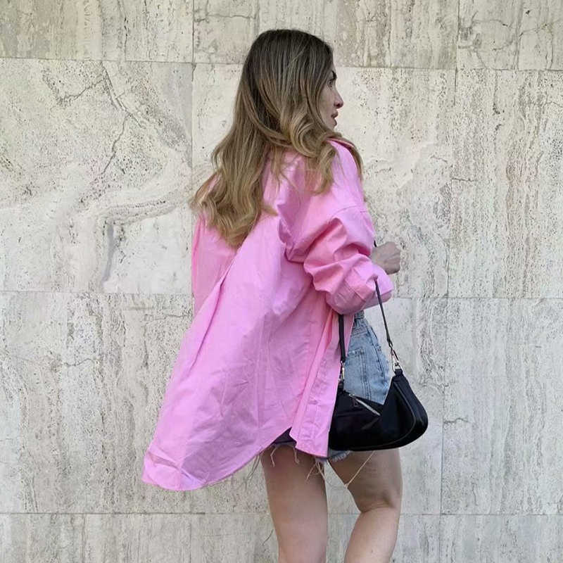 Vintage Women Oversize Pink Shirts Summer Fashion Ladies Long Sleeve Shirt Loose Girls Soft Cotton Chic Tops Stylish 210527