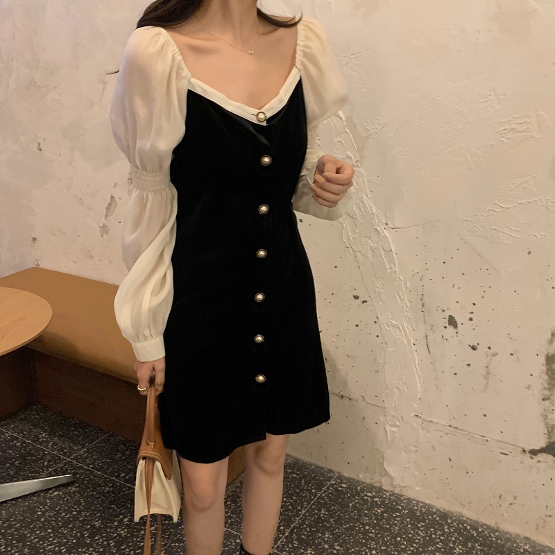 Nomikuma Korean Hit Color Patchwork Velour Dresses Puff Sleeve Square Collar Women Dress Spring New Vestidos Femme 6E978 210427