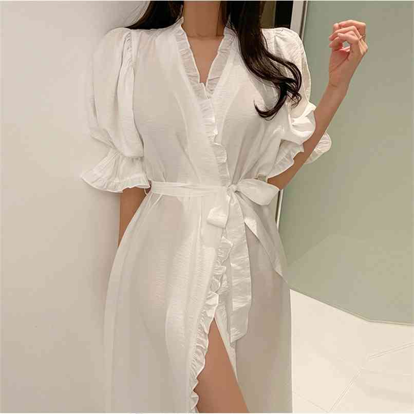 Chiffon White Sleepshirts Woman Summer V-neck Puff sleeve Ruffles Trim Sashes Short Dresses Add hair band Nightdress 210602
Chiffon White Sleepshirts Woman Summer V-neck Puff sleeve Ruffles Trim Sashes Short Dresses Add hair band Nightdress 210602