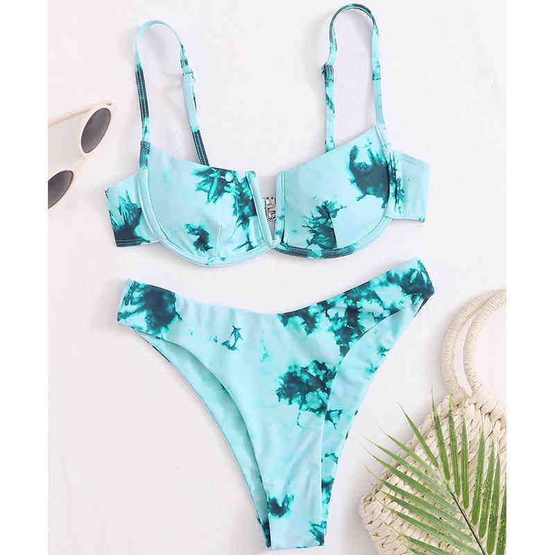 MYTENG Tie-dye 2 Piece Set Bikini V-neck Swimming Suit For Women Low Waist Push Up Swimsuit Underwire Swimwear Thong Biquini 210522