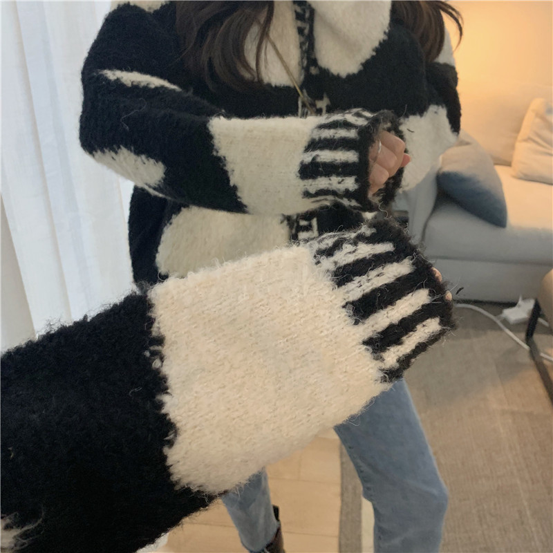 Vintage Knitted Cardigan Coat Winter Clothes Women Black White Cow Print Sweaters Korean Chic Thicked Warm Sueter Female 210422