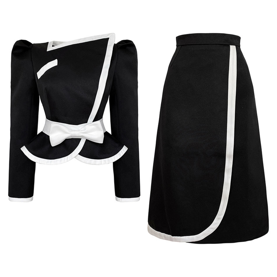 Free Autumn Women Elegant Set Fashion Bow Long Sleeve Slim Jacket & High Waist Split Half Skirt Two-piece 210524