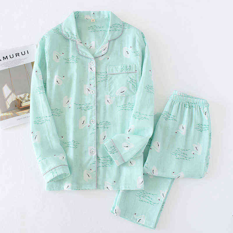 Fresh pajamas sets women 100% gauze cotton Japanese summer long sleeve casual sleepwear women simple cute bear pyjamas 211118