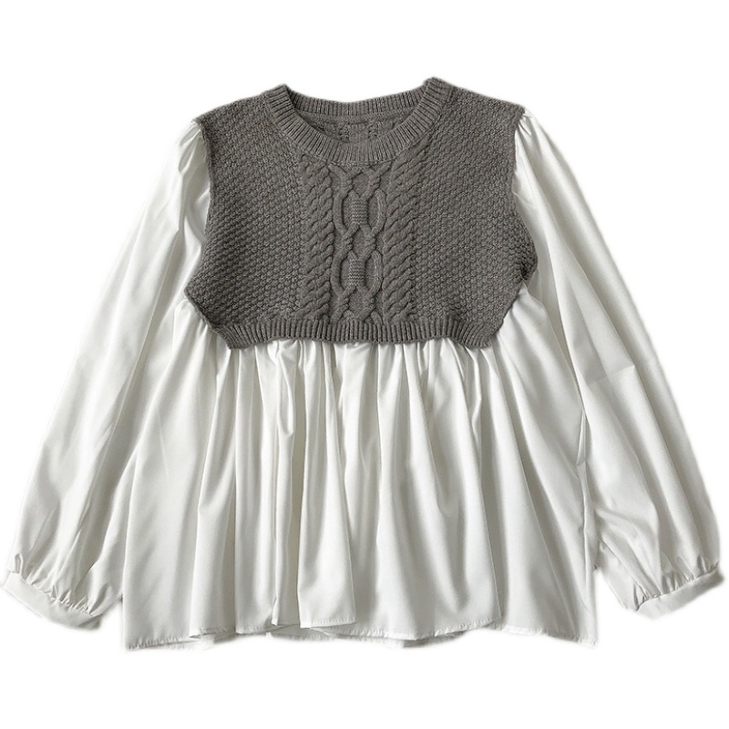 Nomikuma Twisted Knitted Patchwork Blusas Top Causal Sweet Women Doll Shirt Spring New Long Sleeve O-neck Blouses 6E096 210427