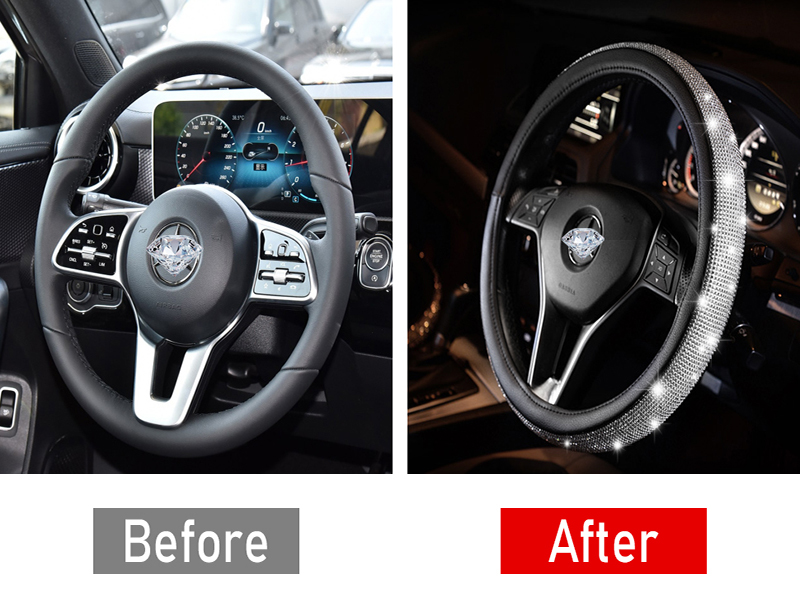 Universal Car Bling Steering Wheels Cover Kits 15Inch Crystal Diamond Covers For Auto Leather Steering Wheel Case Seat Belt Cover/Diamonds Ring Emblem