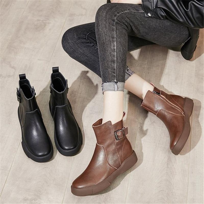 Boots Ankle Platform Women Genuine Cow Leather Round Toe Oxfords Flats Comfort Fashion Sneaker34 35 36 37 38 39 40