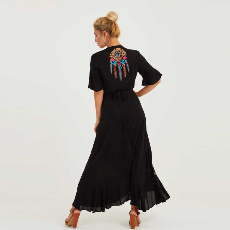 Women Dress Embroidered Bohemia Sexy Long Print Floral Maxi es V Neck Ruffles Flower Beach Summer es 210513