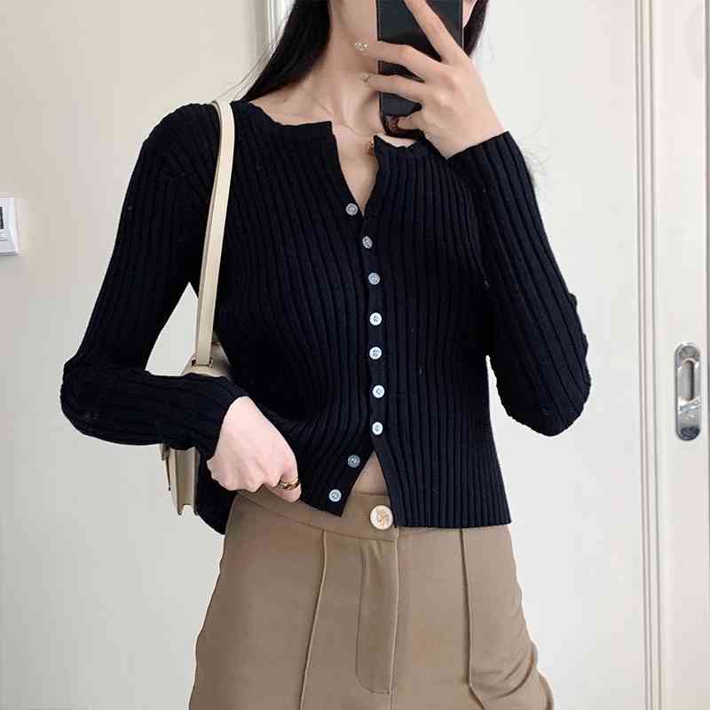 Women Button Up Ribbed Sweater Shirt Cropped Knit Cardigans Korean Knitting Crop Tops Streetwear B-020 210522