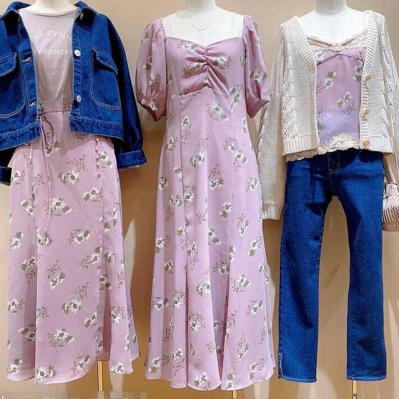 Sweet Puff Short Sleeve Dresses for Women Temperament Square Collar Print Woman Dress Summer Elegant Vestidos De Mujer 210525