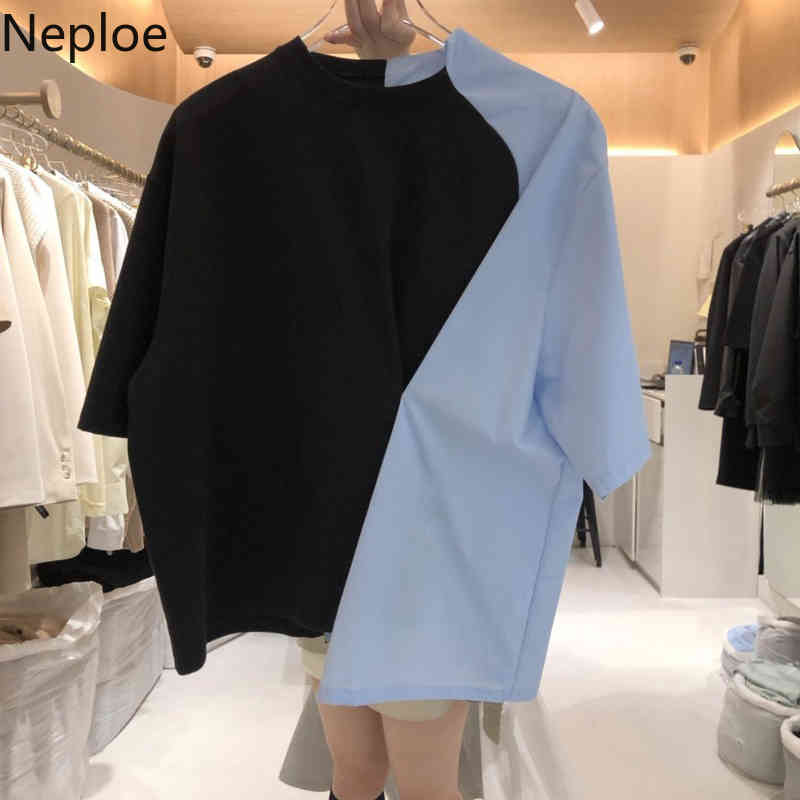 Neploe Korean Tops Summer Women Fashion Clothing O-neck Irregular Shirt Patchwork Contrast Color Tees Loose Casual Tshirt 210422