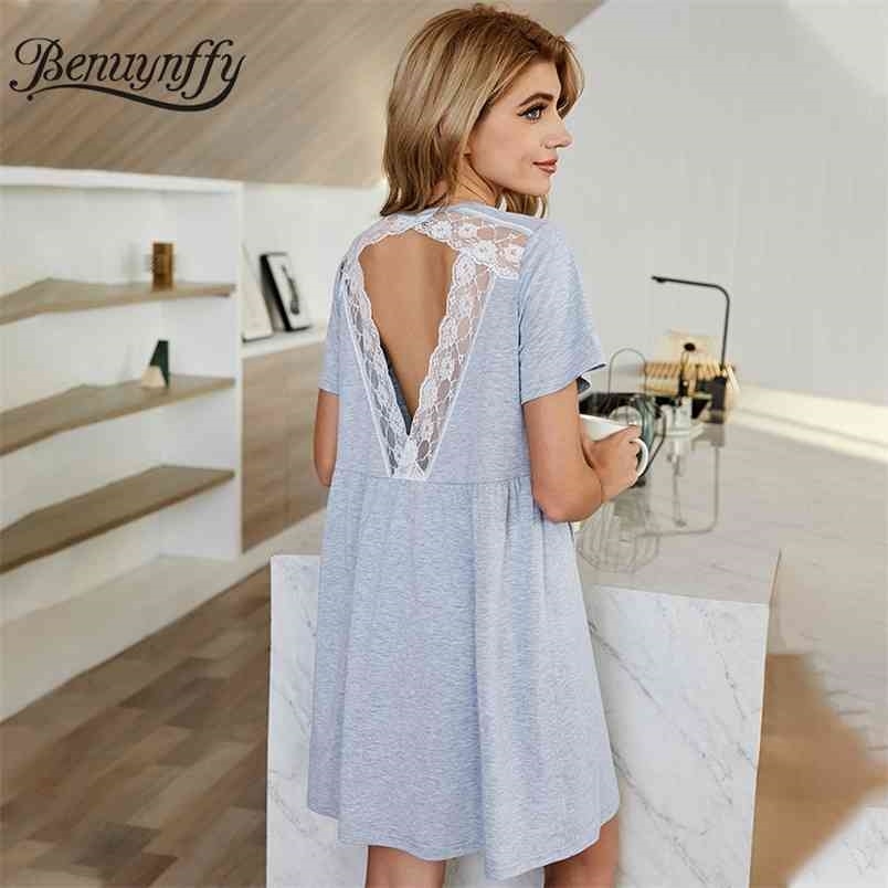 V-neck Lace Patchwork Backless Sexy Home Style Dresses Women Short Sleeve Loose Casual Summer Mini Dress 210510