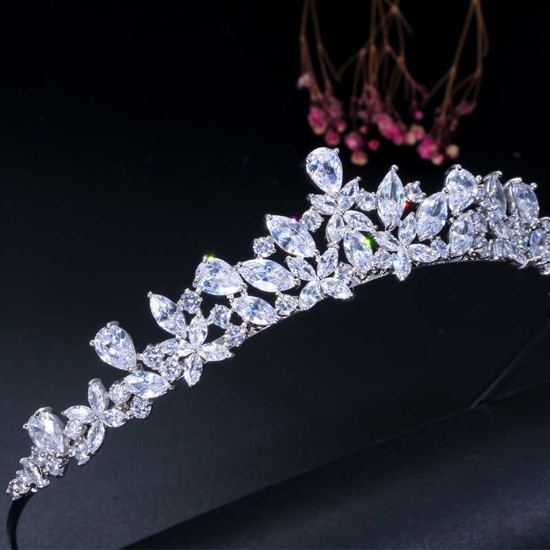CWWZircons High Quality Cubic Zirconia Romantic Bridal Flower Tiara Crown Wedding Bridesmaid Hair Accessories Jewelry A008 210707