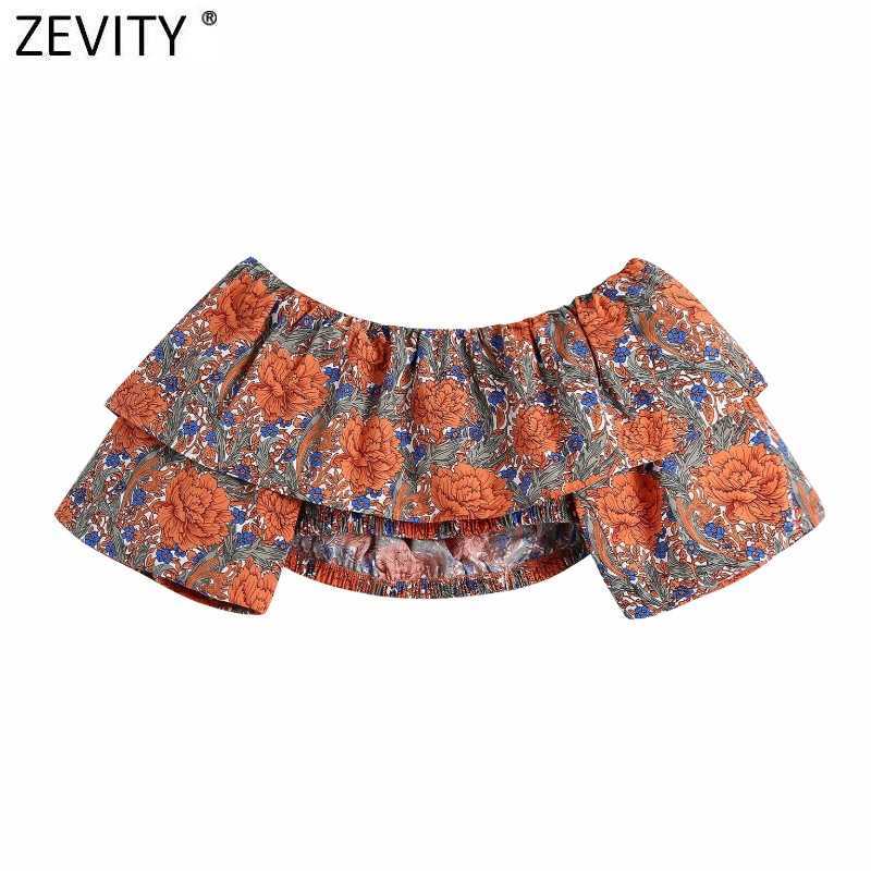 Zevity Women Holiday Tropical Floral Printing Elastic Short Smock Blouse Female Off Shoulder Ruffles Shirt Chic Crop Tops LS9218 210603