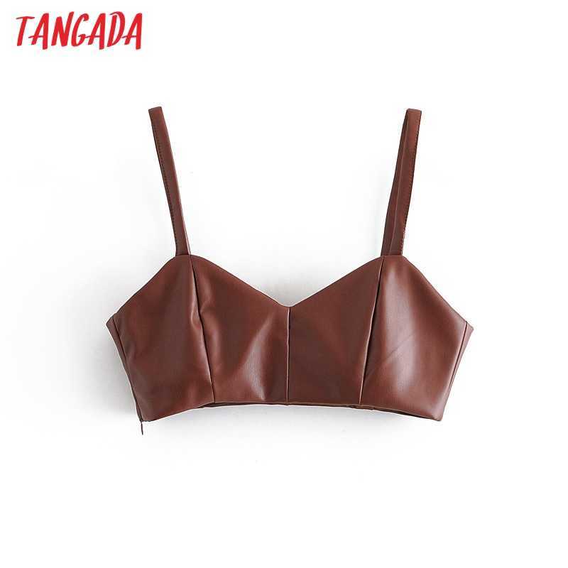 Tangada women black pu leather camis crop top spaghetti strap sleeveless backless short blouses shirts female solid tops QN28 210625