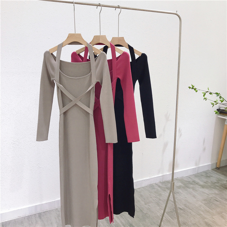 Nomikuma Slash Neck Elegant Slim Stretch Sweater Bodycorn Dreses Korean Bandage Slim Waist Knitted Vestidos Women Dress 6D319 210427