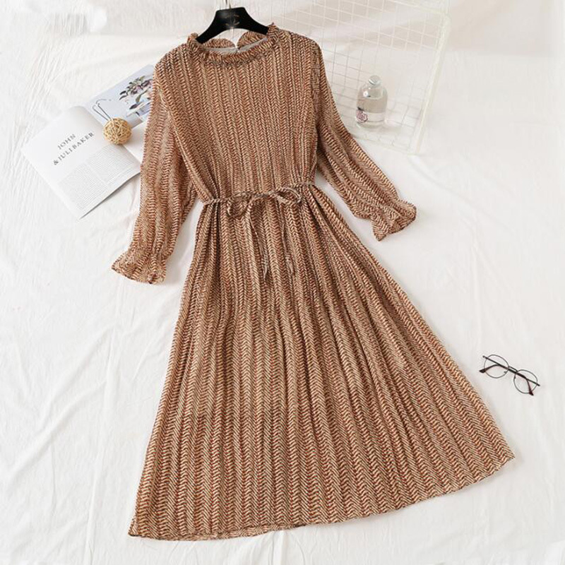 Women Long Dress Spring Summer Vintage Floral Print Pleated Chiffon Dress Long Sleeve Loose Plus Size Dresses Vestidos 210521