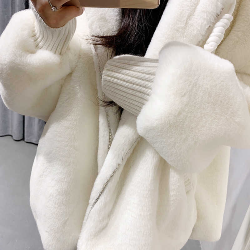 Nerazzurri Winter white oversized faux fur jacket women with hood raglan sleeve zipper Korean fashion clothing for womens 211019