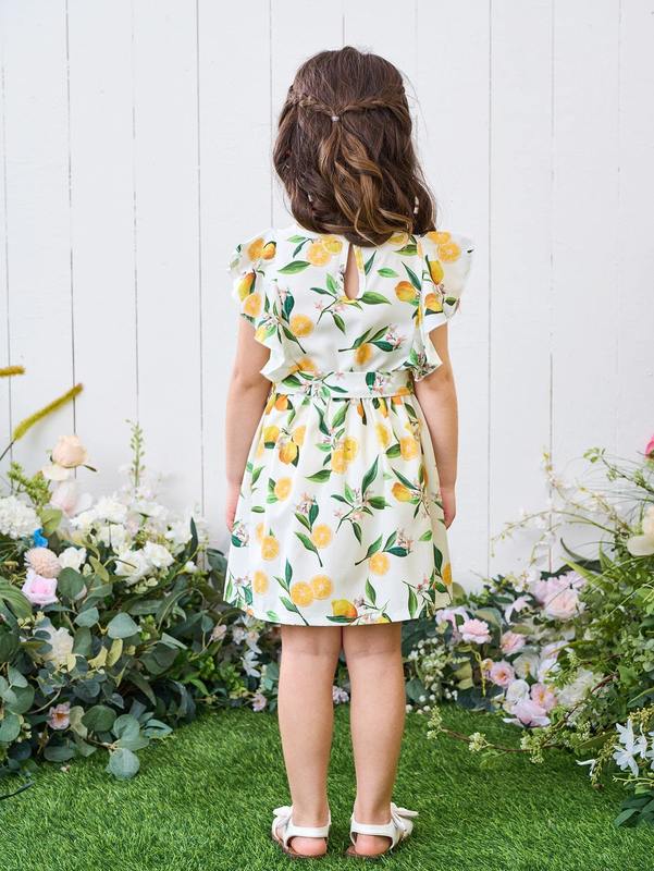 Toddler Girls Lemon & Floral Print Ruffle Trim Belted Dress SHE