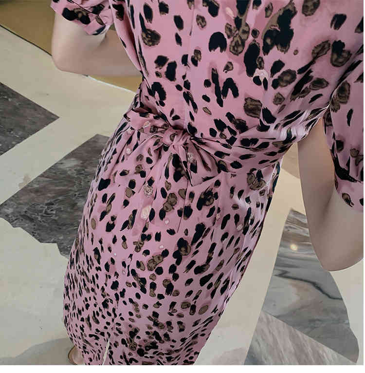 summer Puff Short Sleeve Summer Midi Pink Leopard Dress Vintage Women Elegant Ladies O-Neck Casual slim chic 210519
