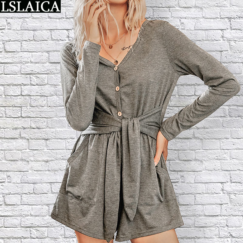 Women Rompers Long Sleeve Button Decorat Solid Jumpsuits Autumn Winter Fashion Casual Jumpsuit Loose Ropa Mujer 210520
