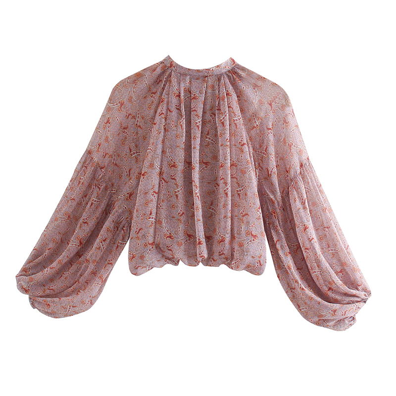 New design womens fashion retro French style chiffon lantern long sleeve cashew print short t-shirt blouse XSSML