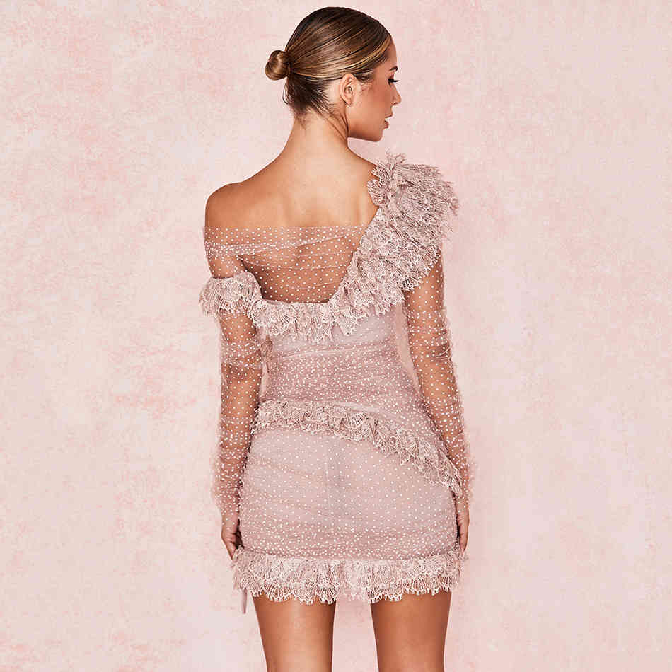 Summer One Shoulder Lace Celebrity Party Bandag Dress Lady Sexy Long Sleeve Ruffled Bodysuit Club Vestidos 210525