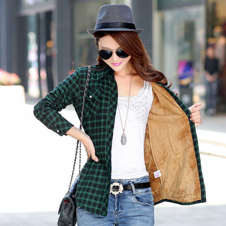Winter Warm Women Plus Velvet Thicke Plaid Shirt Style Coat Jacket Clothes Tops Female Casual Outerwear 210914