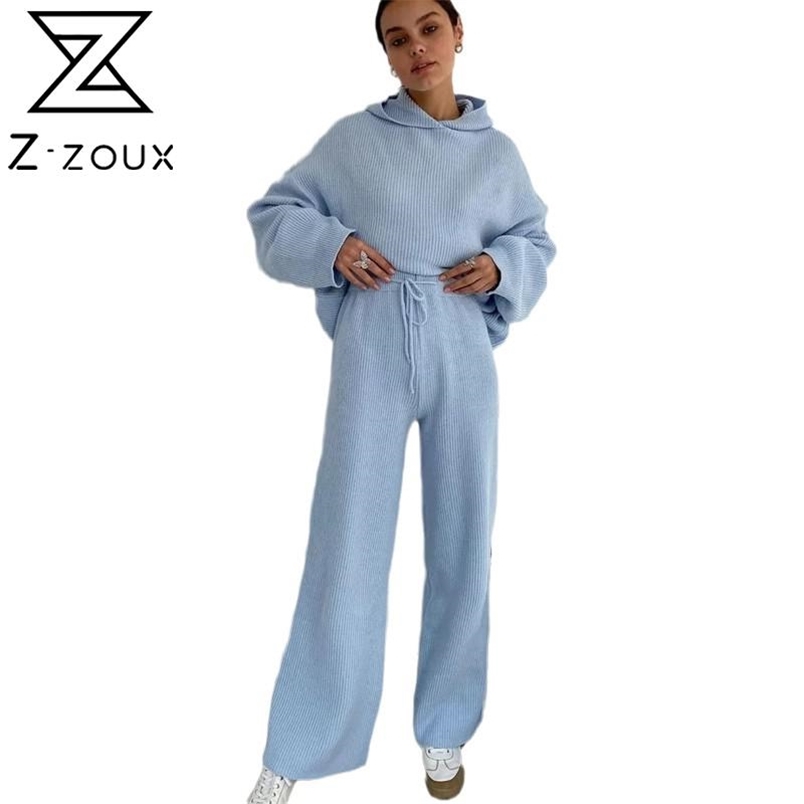 Women Sets Hooded Casual Sportswear Drawstring Wide Leg Pants Two Piece Top And Loose Long 210513