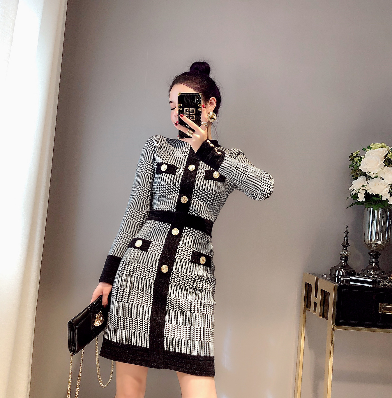 new women's o-neck single breasted long sleeve houndstooth grid knitted pencil dress bodycon slim waist dress, Black;gray
new women's o-neck single breasted long sleeve houndstooth grid knitted pencil dress bodycon slim waist dress, Black;gray