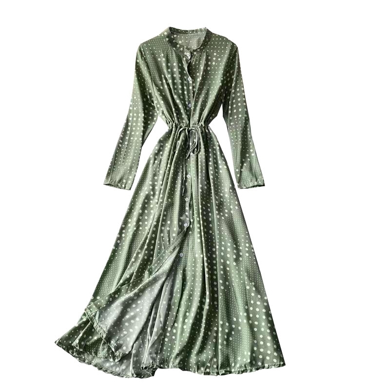 LoveFlowerLife Spring Autumn Vintage Polka Dot Floral Print Skim Dress Stand Collar Full Mid Calf High Waist Women Dresses 210521