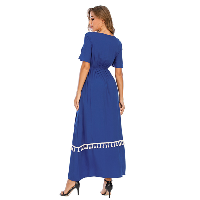 Women Dress V Neck Short Sleeve Maxi es High Waist Tassel Bohemian Plus Size Loose Long Summer es 210524