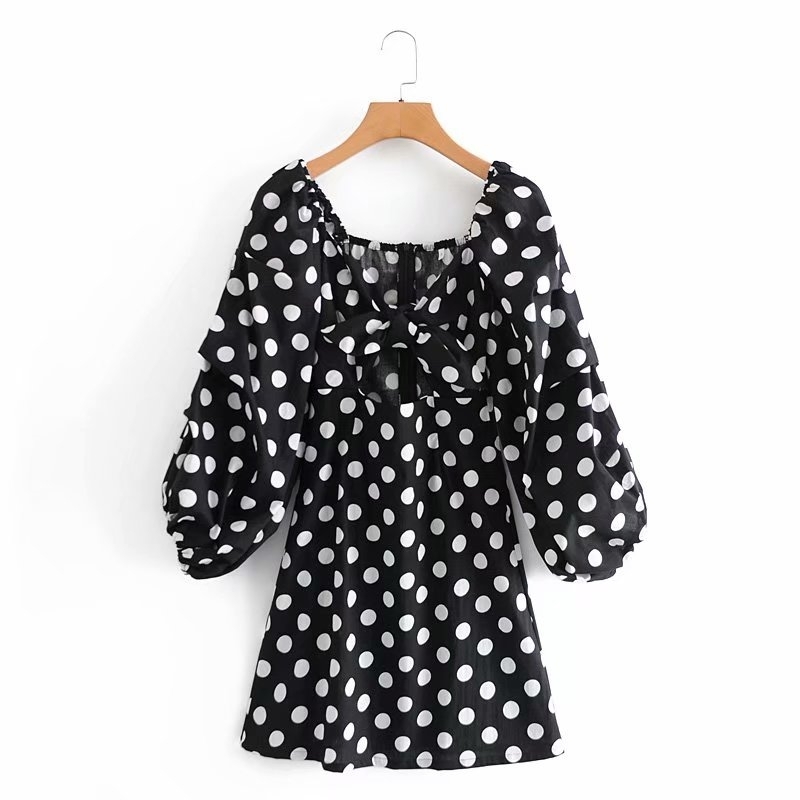 Elegant Women Bow Cross Dress Fashion Ladies V-Neck Dot Vestidos Sweet Female Chic Puff Sleeve A-line Mini Dresses 210430