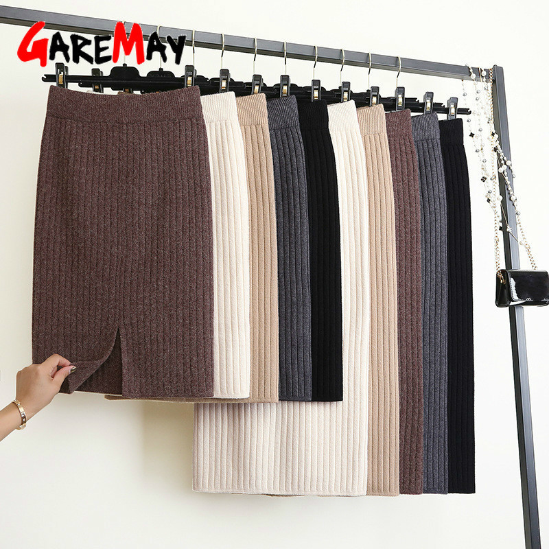 Spring Autumn Elastic Band Knitted skirts for women Warm slim High Waist Straight Skirt Ribbed women's Casual maxi skirt 210428