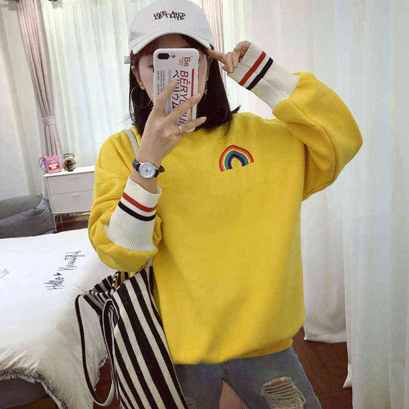 winter Rainbow embroidery fleece Hoodies Women korean Kawaii Sweatshirts Usagi 90s Aesthetic oversized hoodie girls Streetwear 211109