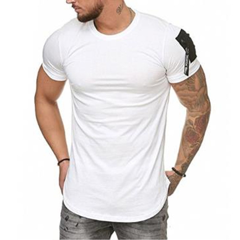 Short Sleeve T Shirt Men Summer Zipper Hip Hop Men's T-shirt High Street Slim Longline Curved Hem Tops Fitness Basic Tee Shirts 210603