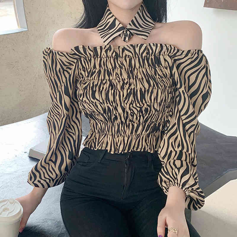 Casual Vintage Shirts For Women Pleated Short Lantern Sleeve Blouse Femme Zebra Stripes Off Shoulder Top Shirt 12070 210512