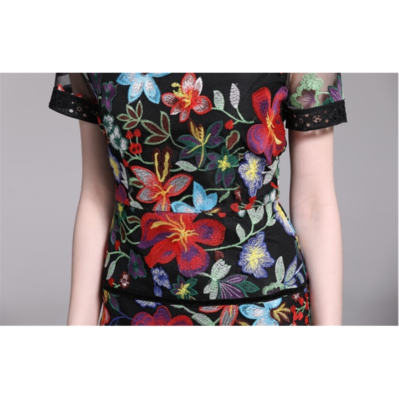 Arrival Bohemian Flower Embroidered Short Sleeve Party Dresses Vintage Mesh Summer For Women Vestido 210520