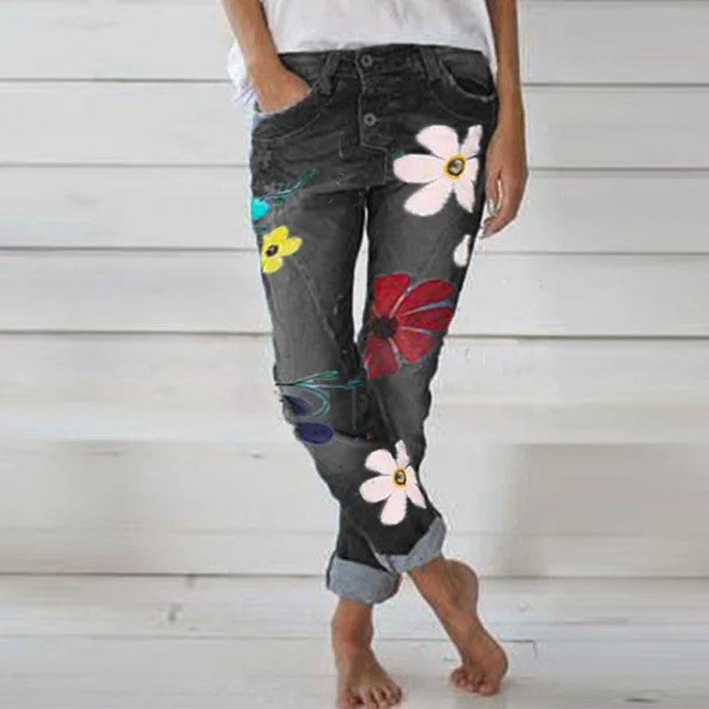 Women Floral Jeans High Waist Flower Print Trousers with Pockets Casual Bottoms Straight Denim Jeans Cargo Pants Women 210515