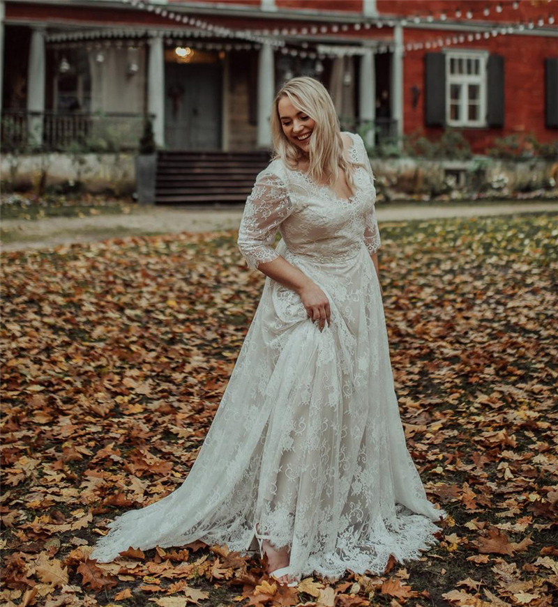 Lace Wedding Dresses Boho Bridal Gowns Plus Size V-Neck Backless 3/4 Long Sleeve Bohemian Bride Dress SImple Vestidos De Novia