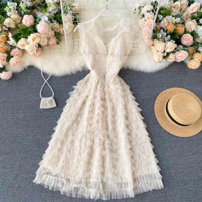 Elegant Summer Dress Women O Neck Sleeveless Midi Female Solid Color Sweet Mesh Dresses A-line Ruffles Cake Dress Vestidos 210521
