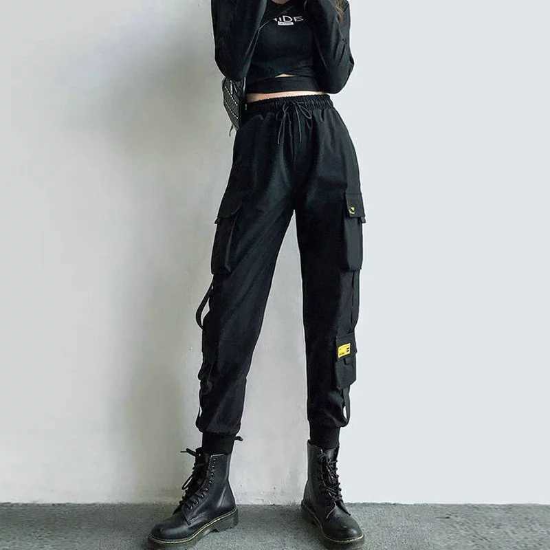 Women's Cargo Pants Black Ribbon Pocket Jogger Elastic Waist High Streetwear Harajuku Pant Punk Females Trousers Harem Pants Y0811