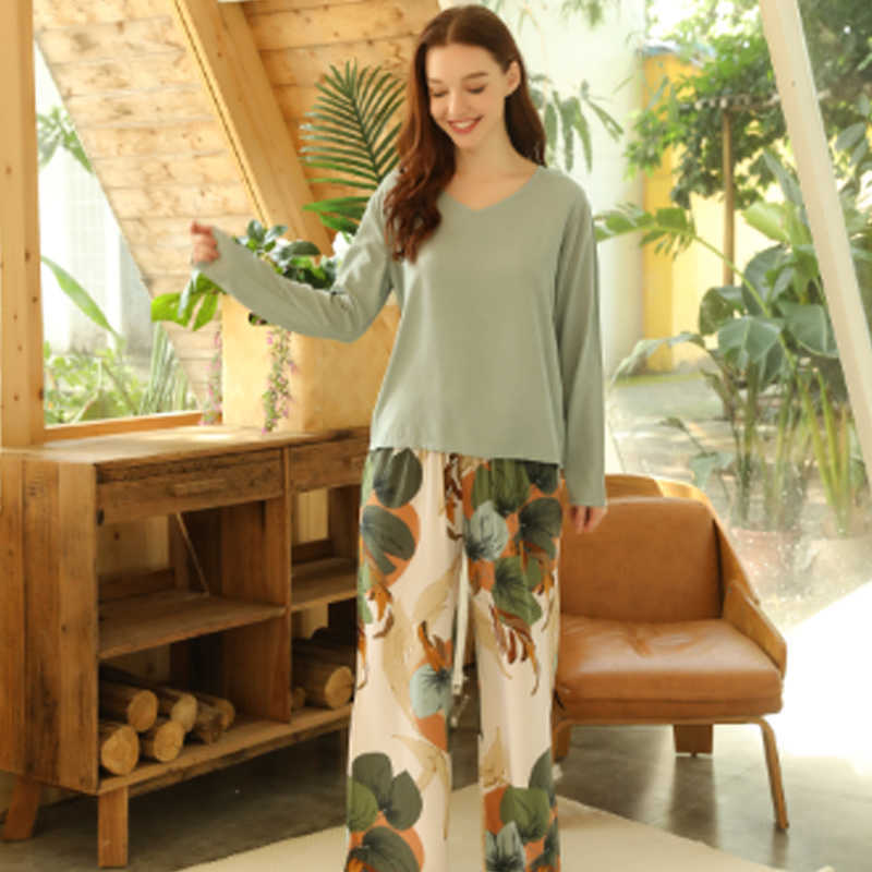 Spring Summer Floral Printed Pyjama Sleepwear Female Casual V Neck Long Sleeve Elastic Waist Nightwear Retro Women's Pajamas Set 210924